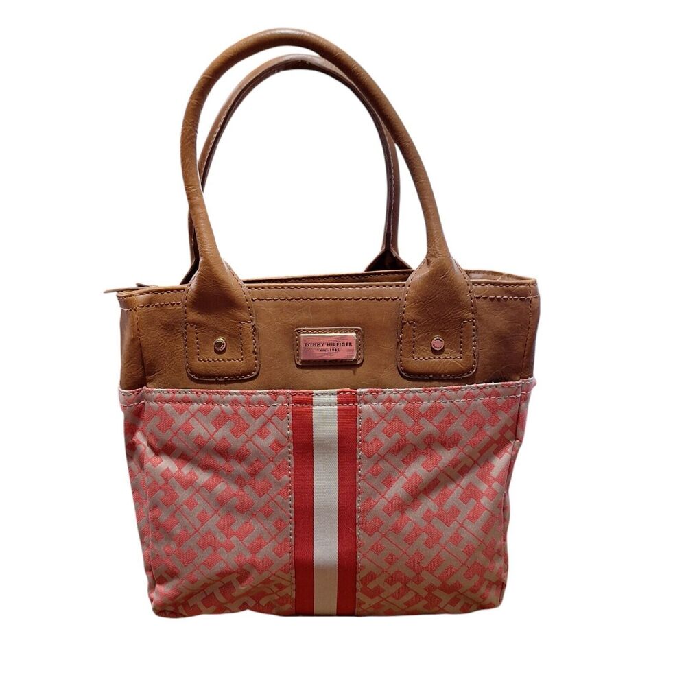 Tommy Hilfiger Red Canvas & Leather Dual Straps Handbag Y2k Preppy Cool Causal